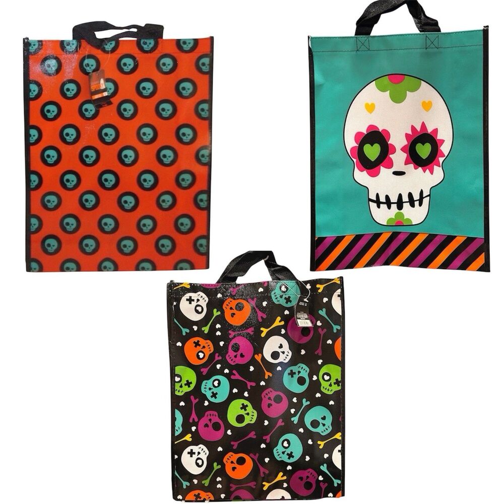3x Looking Spooky Colorful Skull Halloween Reusable Trick Or Treat Bag 16” x 13”